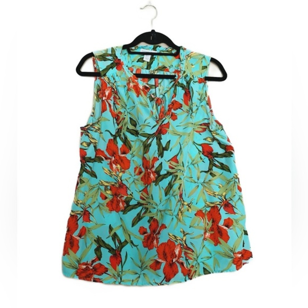 Carolina Belle Turquoise Floral Sleeveless Blouse Women’s Size Large Tropical